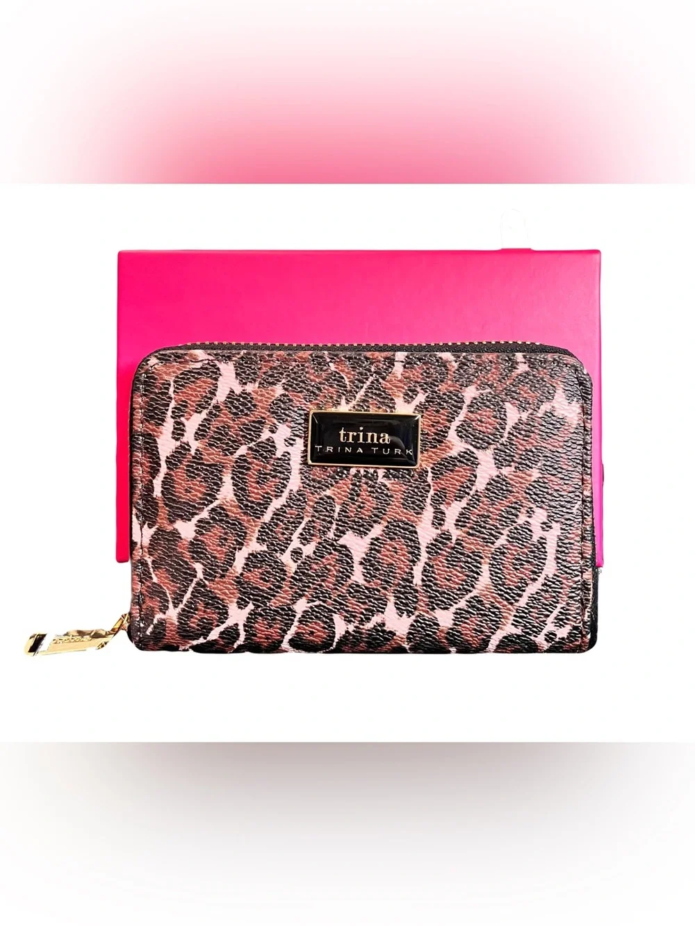 Trina Turk Leopard Print Zip Around Wallet Vegan Leather NIB Gold Gift Box